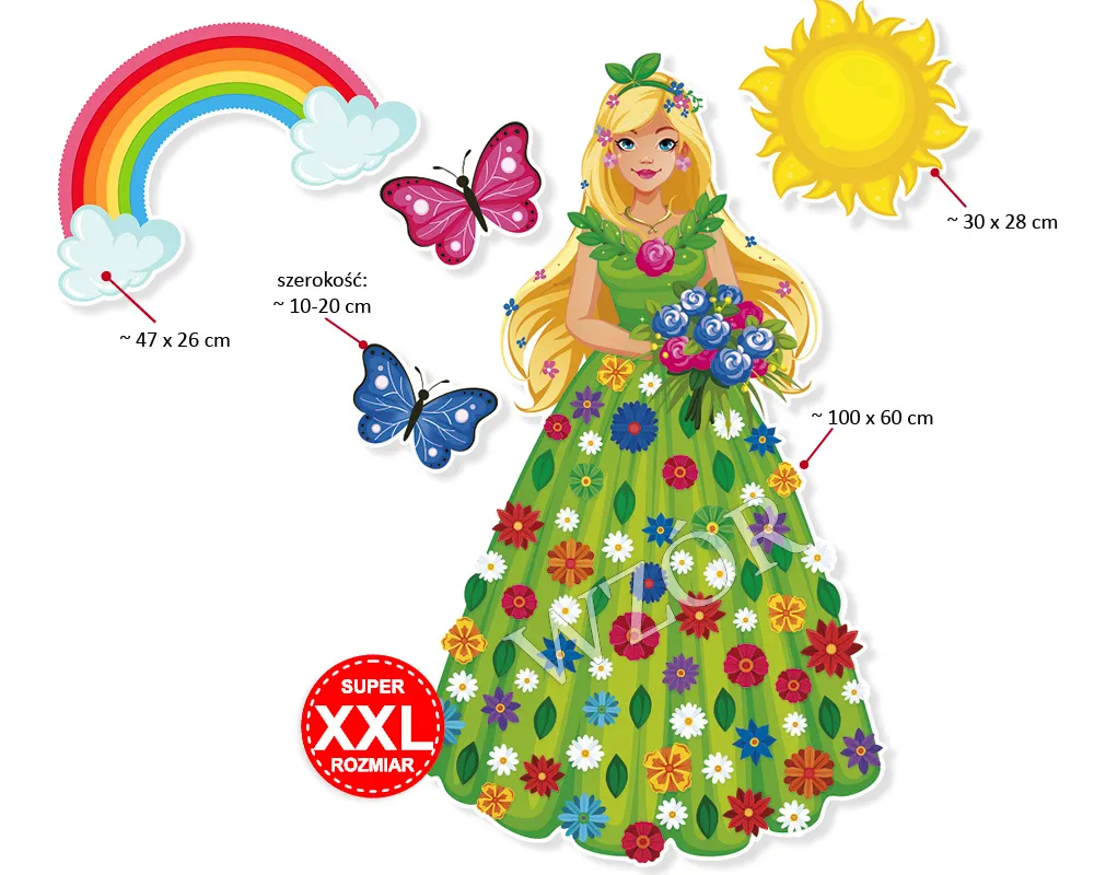 Rozmiar Największa dekoracja wiosenna: Pani Wiosna z motylkami, tęczą i słoneczkiem D-347